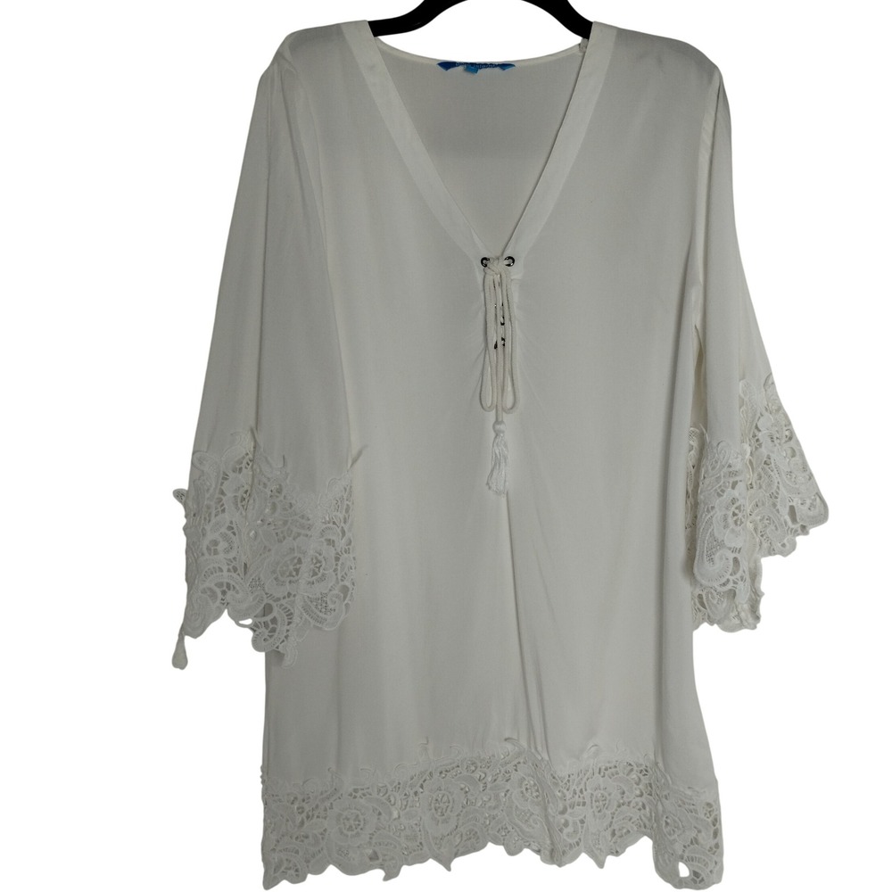 Blue Island Lace Trim Tunic Top Bell Sleeve Boho Festival White S Beach Coverup